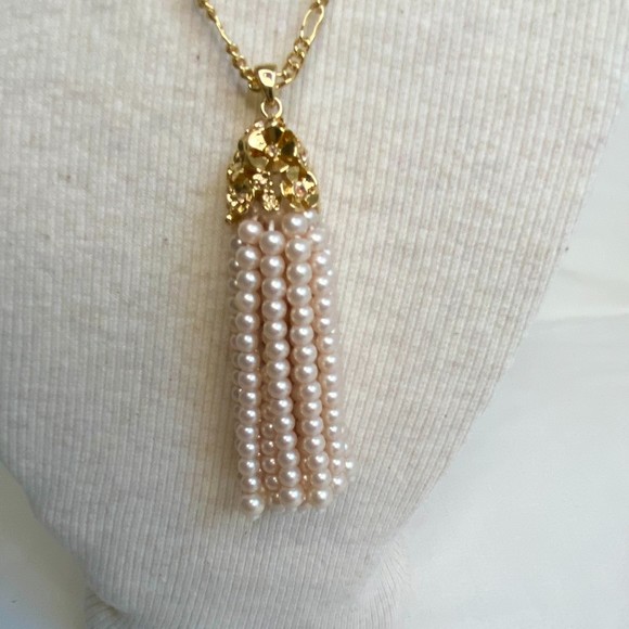 Talbots Opera Necklace Gold Tone Chain Links With Pearl Tassel Pendant - Picture 5 of 9